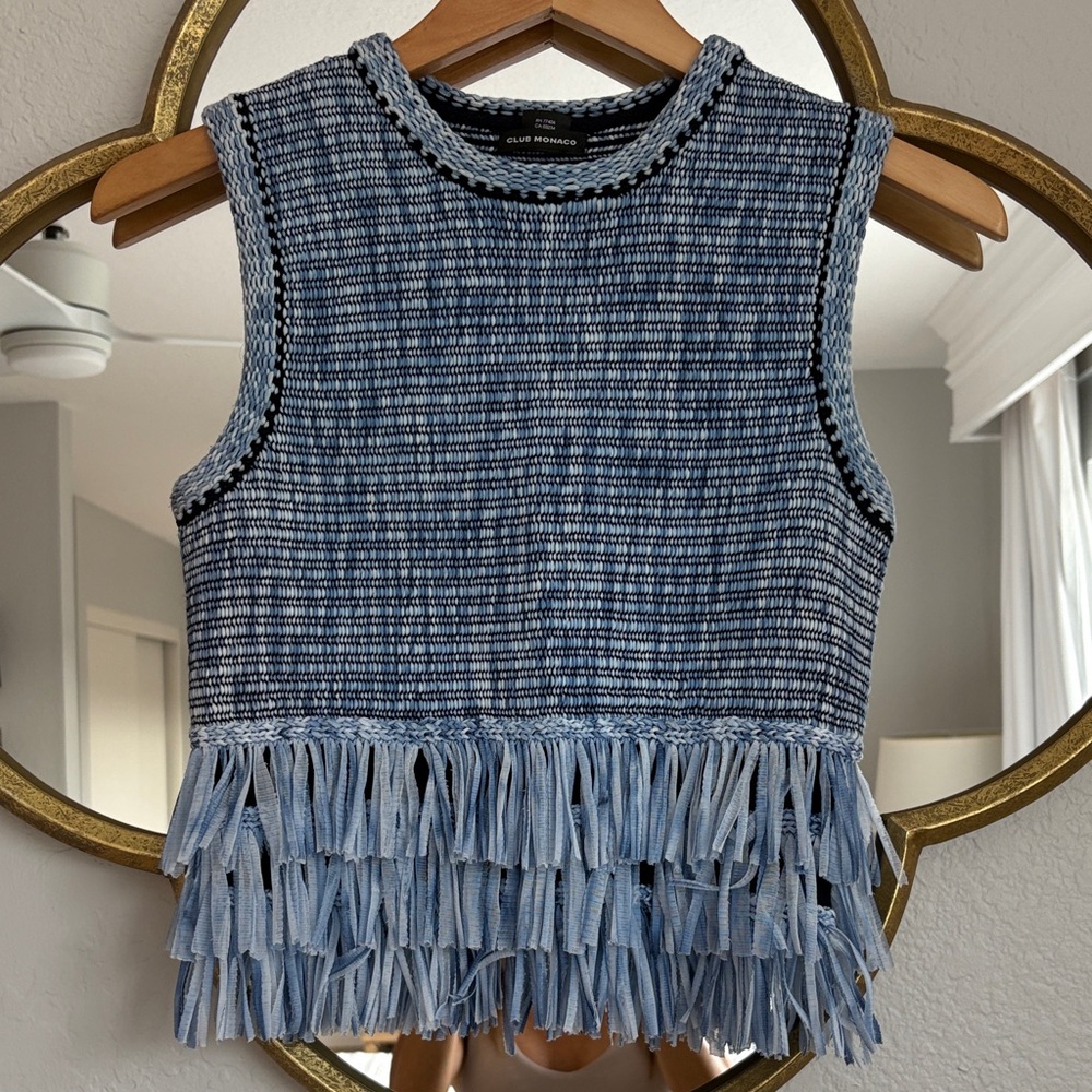 EUC Club Monaco Textured Blue Fringe Tank Top
